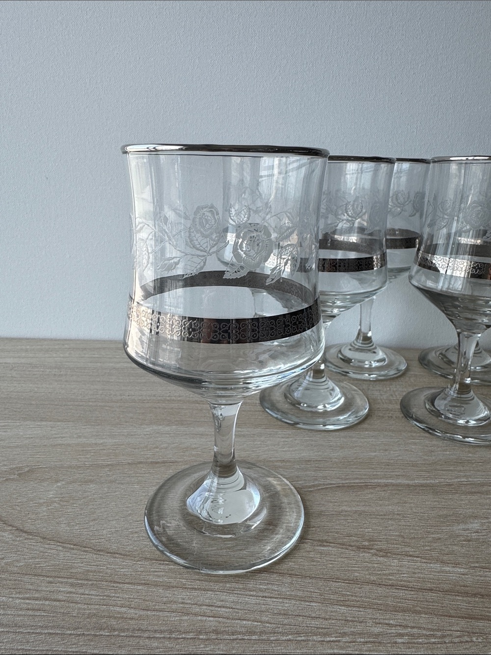 Vintage Dema Silver Rose Sherry Glasses Set of 6 Etched Floral Barware